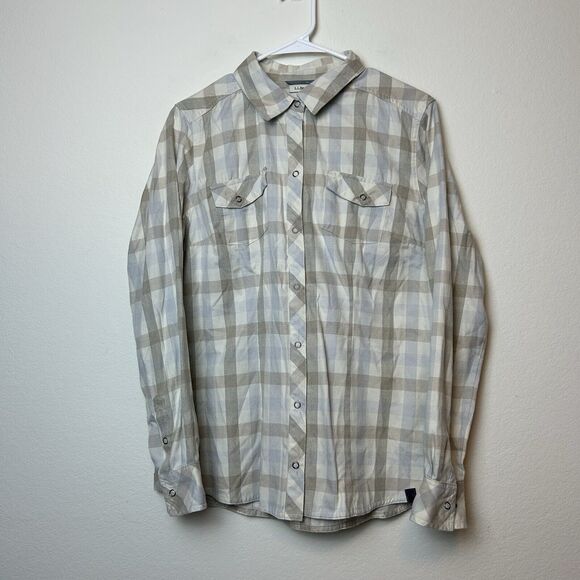 LL Bean Shirt Womens Medium Tan White Flannel Snap Front Casual Outdoor Normcore - Picture 1 of 13